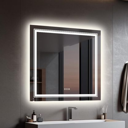 LUVODI Espejo Bano Led Cuadrado: 80x80 Espejos Baño Pared Antivaho Retroiluminado 80x80cm con Doble Fuente de Luz Led Interruptor Tactil Inteligente sin Marco para Maquillaje Cuardo de Baño Lavavo-Sofagethut