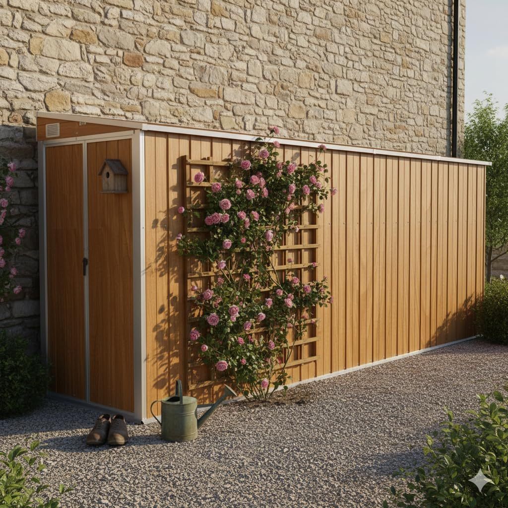 Caseta de jardín de Pared, marrón, 118x382x178 cm, Acero galvanizado, Refugio de Madera para Exterior con Aspecto de Madera, casa contenedor para Vivienda, Herramientas y Equipamiento de jardinería.-Sofagethut