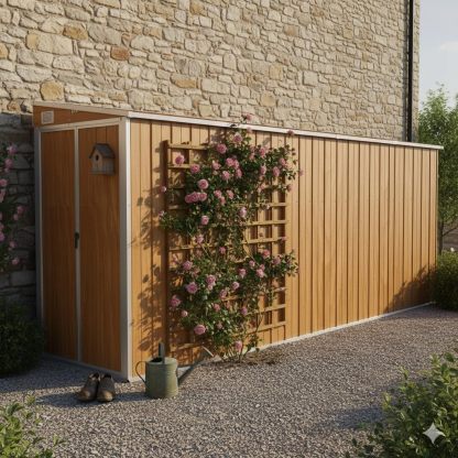 Caseta de jardín de Pared, marrón, 118x382x178 cm, Acero galvanizado, Refugio de Madera para Exterior con Aspecto de Madera, casa contenedor para Vivienda, Herramientas y Equipamiento de jardinería.-Sofagethut