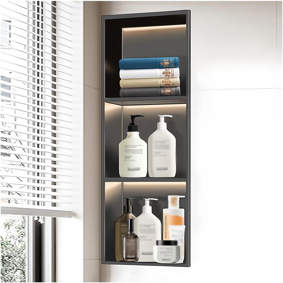 Pared empotrable con tiras de luz LED, estante de ducha de acero inoxidable integrado para baño y dormitorio, no requiere azulejos, color gris (700 x 280 x 125 mm)-Sofagethut