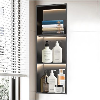 Pared empotrable con tiras de luz LED, estante de ducha de acero inoxidable integrado para baño y dormitorio, no requiere azulejos, color gris (700 x 280 x 125 mm)-Sofagethut