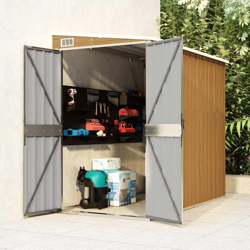 Caseta adosada marrón, 118x194x178 cm, Acero galvanizado, caseta de jardín metálica con Suelo y Techo Extensible, Refugio de Madera Exterior para leña y Herramientas de jardín.-Sofagethut