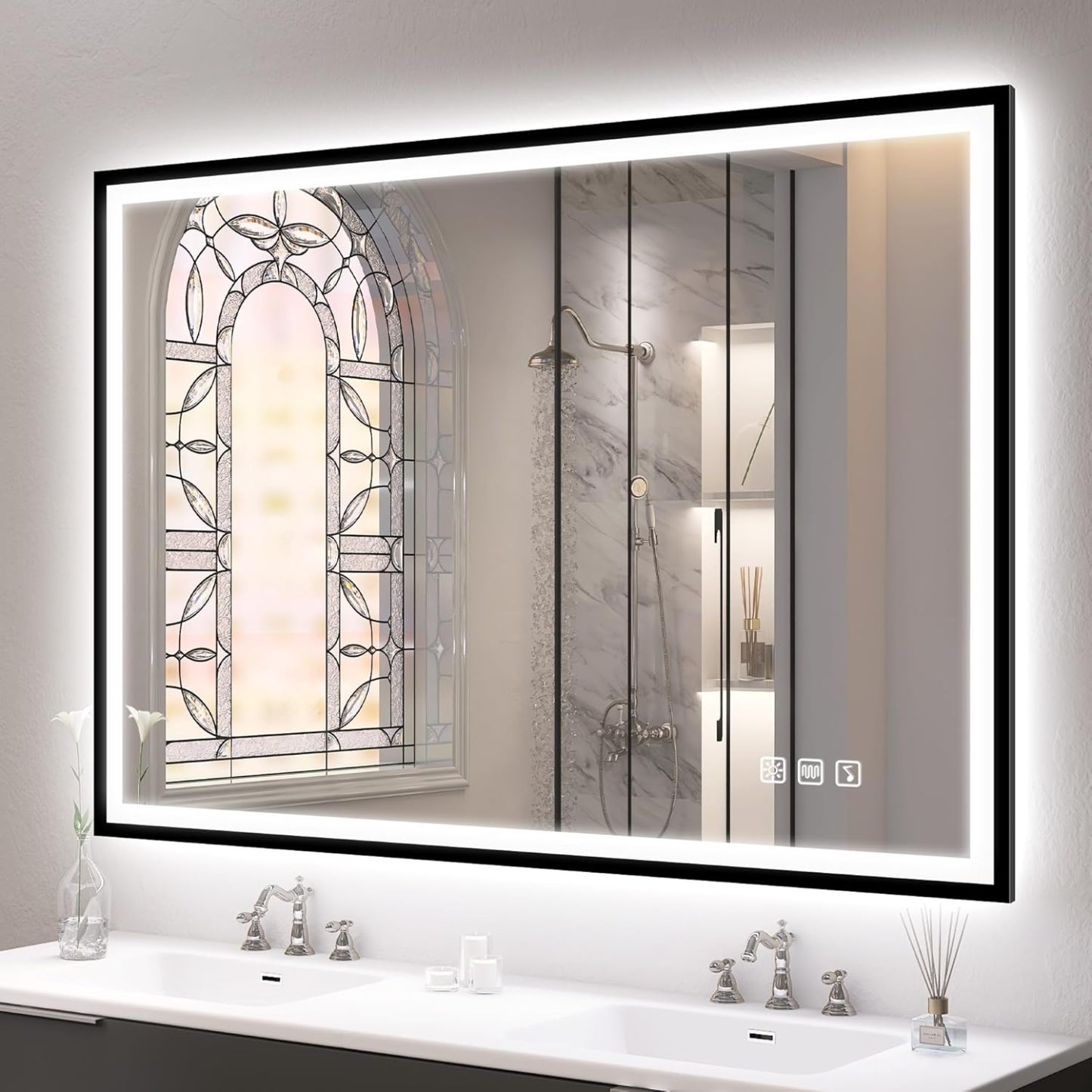 S'bagno Bluetooth-Espejo-Baño-con-Luz 100x70 cm, Espejos de Baño con LED y Función Antivaho/Cristal Templado/ 3000K-6500K/ Regulable, IP44 Espejo Baño LED con Marco de Hierro Negro-Sofagethut