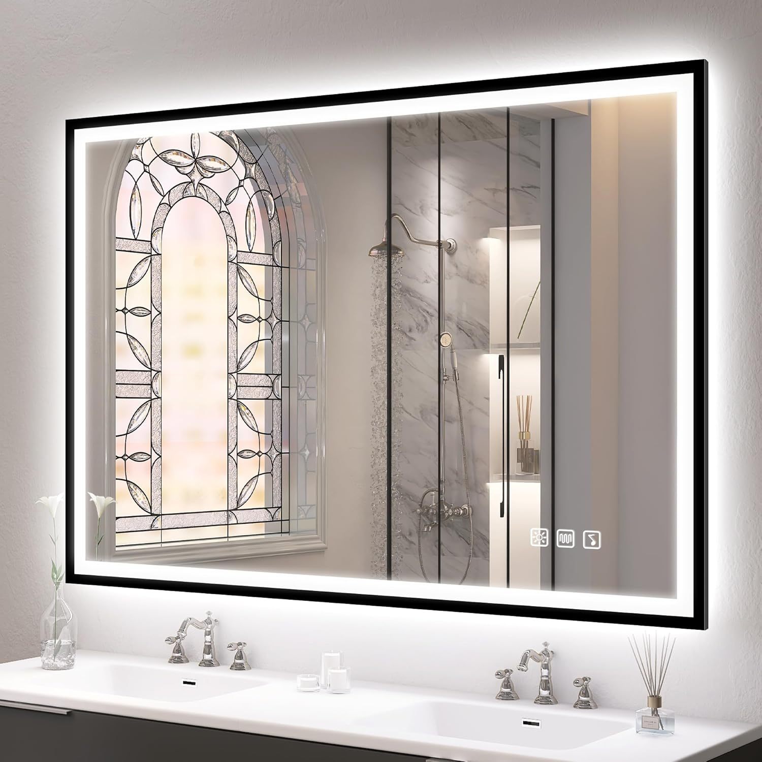 S'bagno Bluetooth-Espejo-Baño-con-Luz 100x70 cm, Espejos de Baño con LED y Función Antivaho/Cristal Templado/ 3000K-6500K/ Regulable, IP44 Espejo Baño LED con Marco de Hierro Negro-Sofagethut