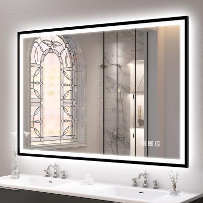S'bagno Bluetooth-Espejo-Baño-con-Luz 100x70 cm, Espejos de Baño con LED y Función Antivaho/Cristal Templado/ 3000K-6500K/ Regulable, IP44 Espejo Baño LED con Marco de Hierro Negro-Sofagethut