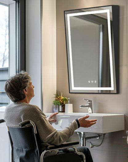 LUVODI Espejo Baño con Luz Pared Reclinable Minusvalidos 60x90 Antivaho Rectangular con Marco Negro 3 Colores de Luz Regulable Función Memoria Apto para Personas en Silla de Ruedas o de Baja Estatura-Sofagethut