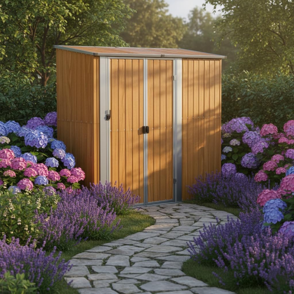 Caseta de jardín 180,5x97x209,5 cm, Acero galvanizado con Aspecto de Madera, caseta para Herramientas con Puerta con Cerradura, caseta de jardín de Metal con Suelo para Herramientas y Equipos.-Sofagethut