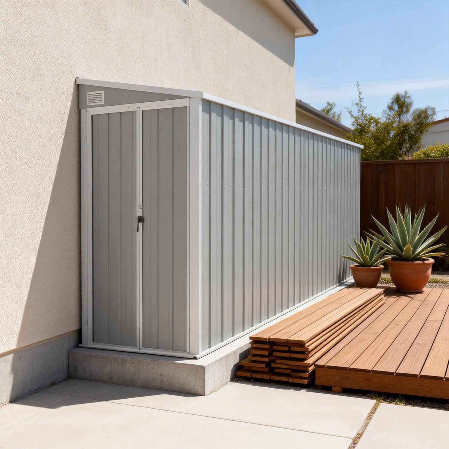 Caseta adosada Gris, 118x382x178 cm, de Acero galvanizado, caseta metálica para jardín con Suelo, fijada a la Pared, caseta para Herramientas y Material de jardinería.-Sofagethut