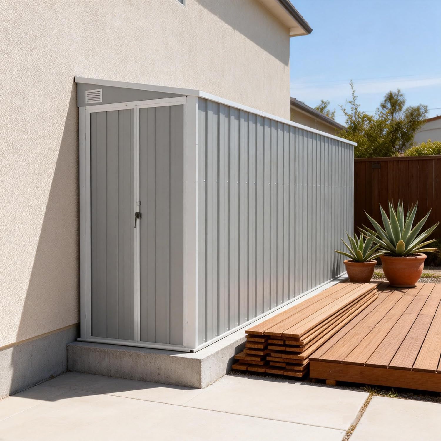 Caseta adosada Gris, 118x382x178 cm, de Acero galvanizado, caseta metálica para jardín con Suelo, fijada a la Pared, caseta para Herramientas y Material de jardinería.-Sofagethut