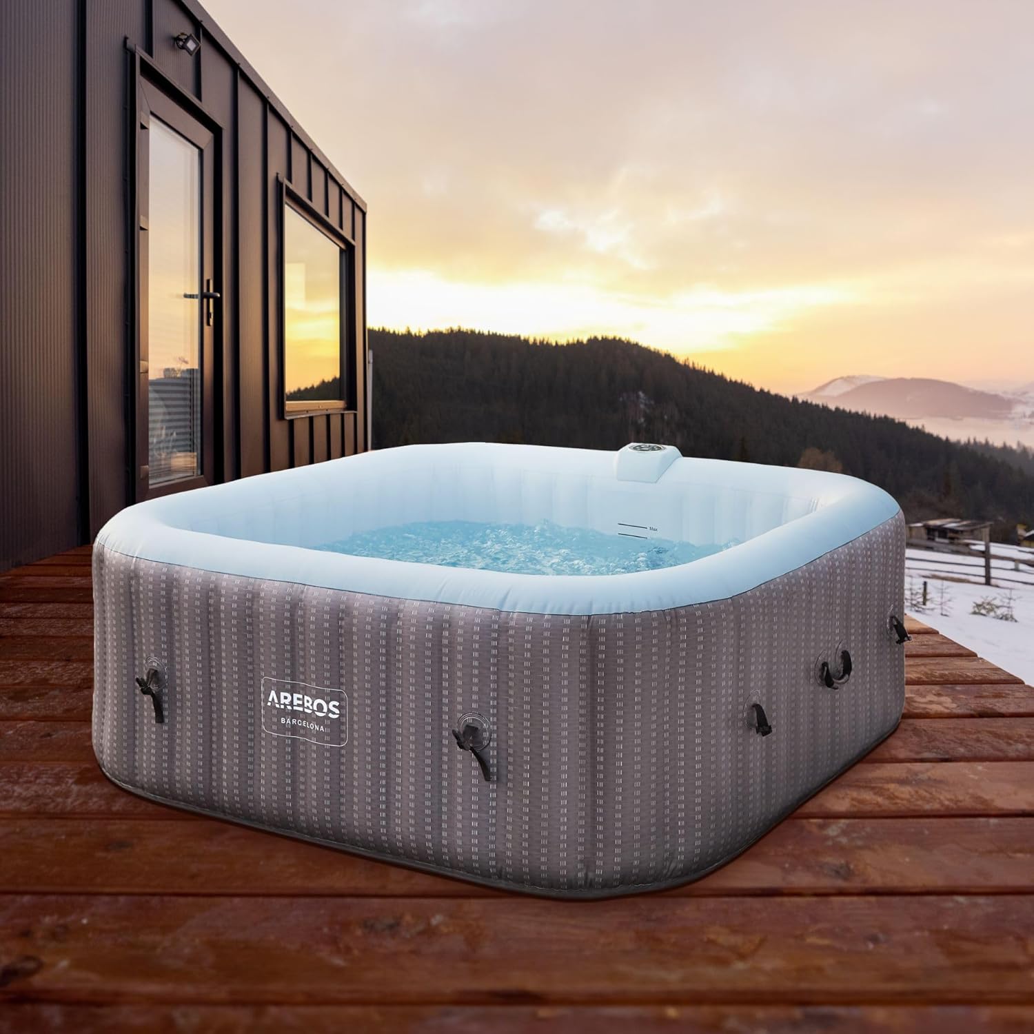 Arebos Spa hidromasaje 2400W | Piscina exterior | para 6 personas 185x185cm | 130 chorros de masaje | 910 L con calefacción | Función de inflado pulsando un botón | Incl. cubierta | Bubble Spa & Welln-Sofagethut