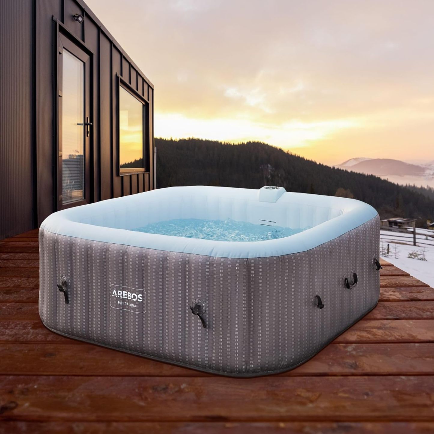 Arebos Spa hidromasaje 2400W | Piscina exterior | para 6 personas 185x185cm | 130 chorros de masaje | 910 L con calefacción | Función de inflado pulsando un botón | Incl. cubierta | Bubble Spa & Welln-Sofagethut
