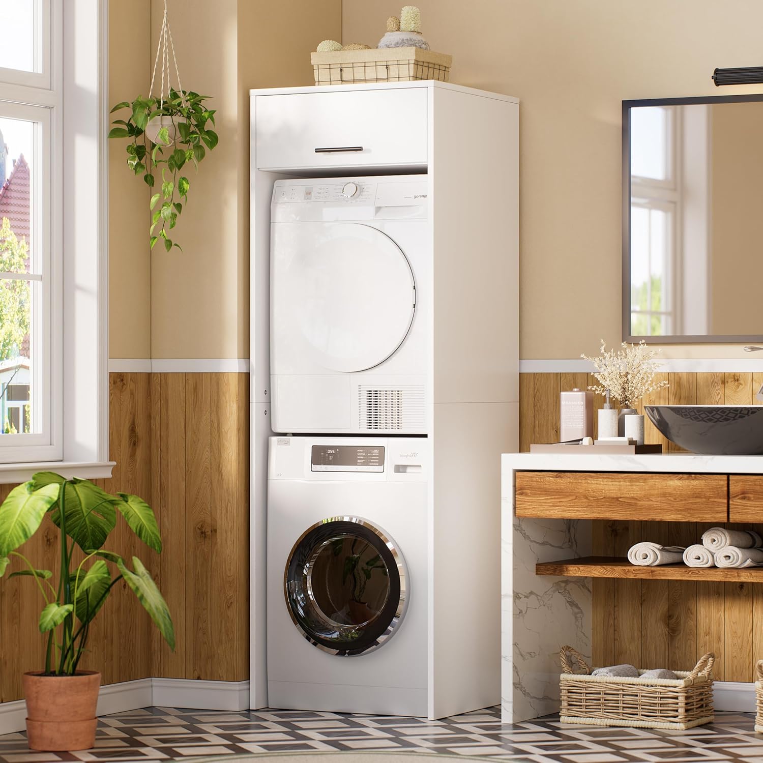 MSFE Armario para Secadora y Lavadora,Mueble Lavadora con Espacio de Almacenamiento,Estantería Organizador de Baño,Estantería para Cuarto de Baño,200 * 65 * 65 CM,Enviado en 2 Paquetes-Sofagethut