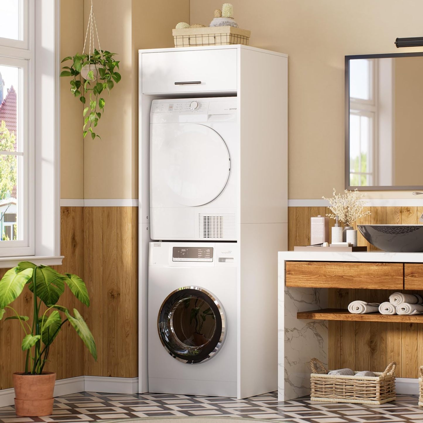 MSFE Armario para Secadora y Lavadora,Mueble Lavadora con Espacio de Almacenamiento,Estantería Organizador de Baño,Estantería para Cuarto de Baño,200 * 65 * 65 CM,Enviado en 2 Paquetes-Sofagethut