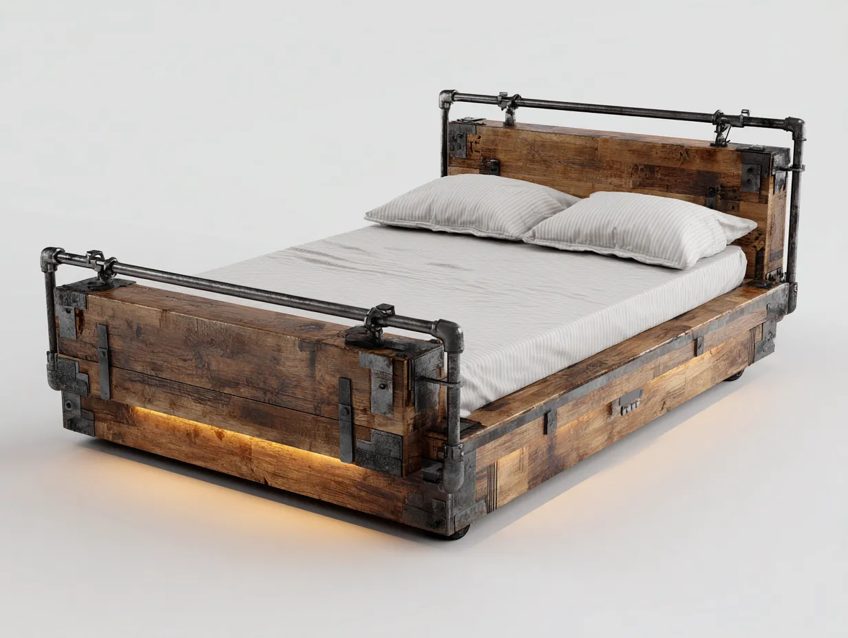 Cama doble estructura madera y metal 215x175x110 cm - marrón - estilo industrial para dormitorio-Sofagethut
