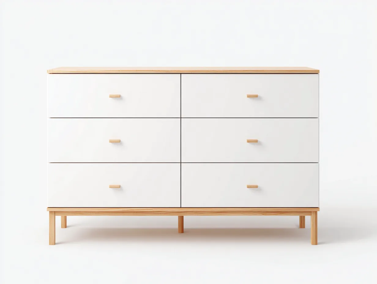 Cómoda de madera con 6 cajones 150x45x75 cm - Blanco-Madera - Diseño nórdico para dormitorio-Sofagethut