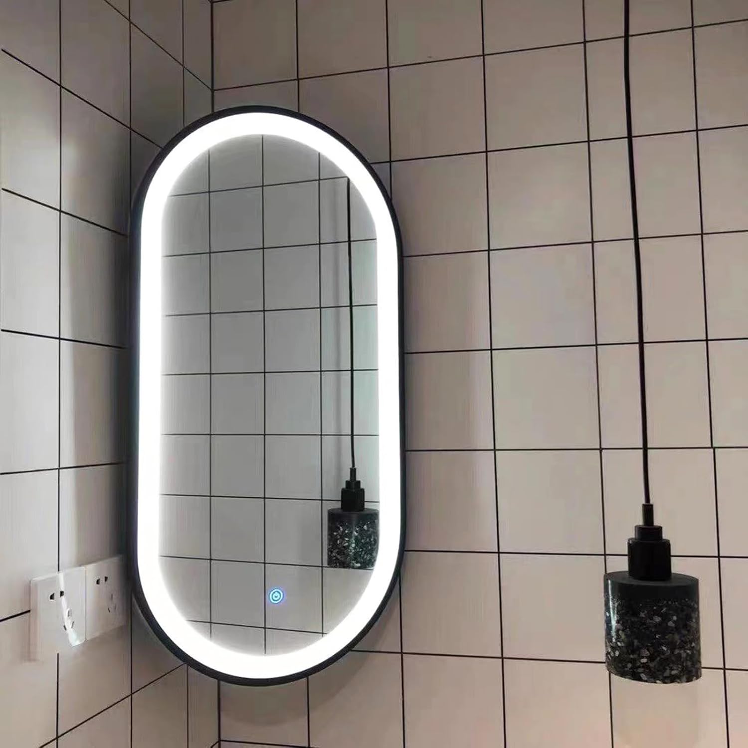 Espejo Esquinero LED, Espejo De Baño Ovalado Con Marco De Aluminio, Espejo De Pared Con Luz Regulable De 3 Colores, Espejo Esquinero Giratorio Con Soporte, ángulo(Size:35x60cm/13.7x23.6in,Color:Negro)-Sofagethut