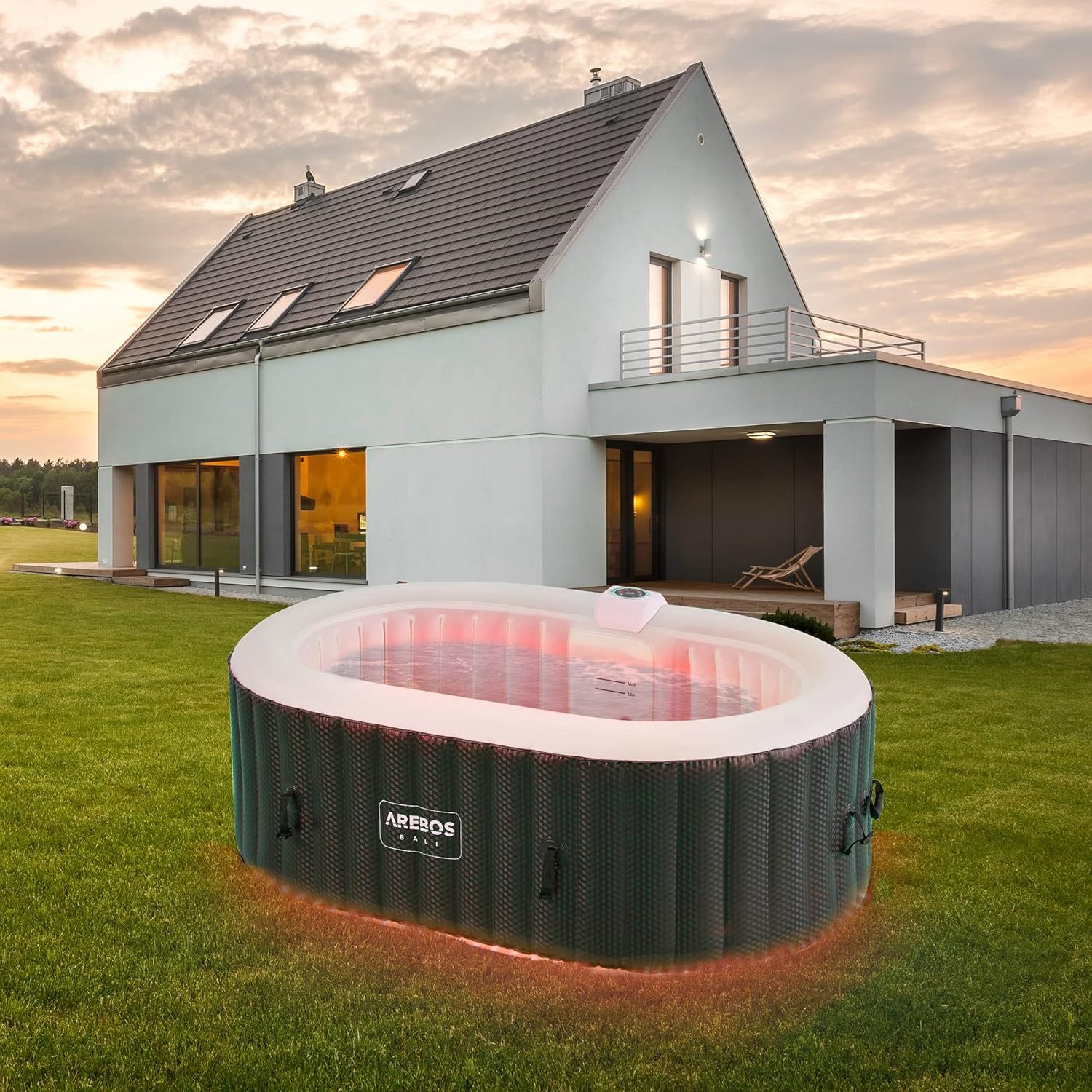 Arebos Bañera de hidromasaje con iluminación LED | SPA Hinchable | Interior y Exterior | 190x120 cm Ovalada | 2 Personas | 90 chorros de Masaje | con calefacción | 550 litros | Incl. Cubierta-Sofagethut