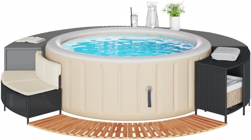 Borde bañera hidromasaje Madera Acacia y ratán sintético Negro, Yacuzzi Exterior Hinchable Piezas De Recambi, Borde para bañera De Hidromasaje SPA - 365614-Sofagethut