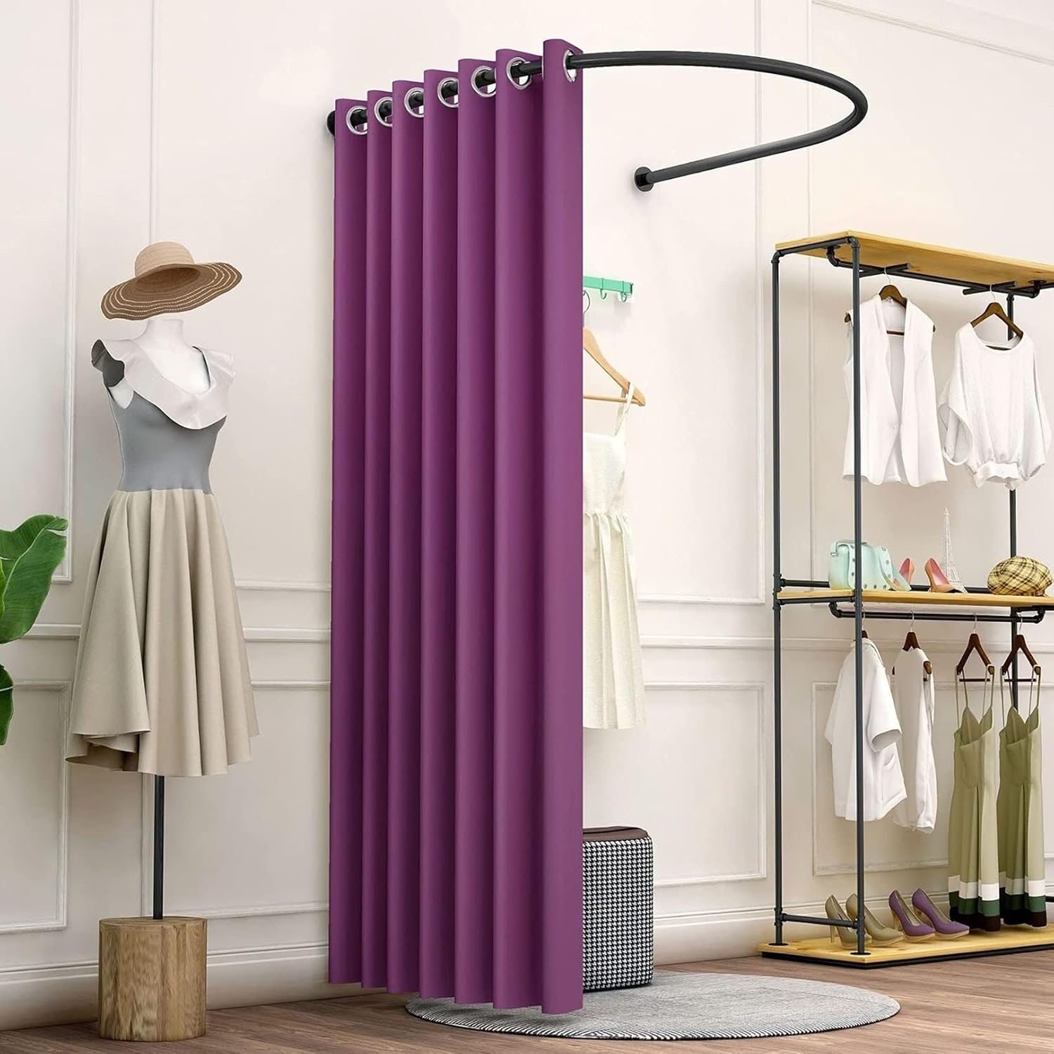 Tienda de campaña en forma de U con barra de cortina móvil para vestidor de pared para tienda de ropa y centro comercial, solución de exhibición versátil-Sofagethut