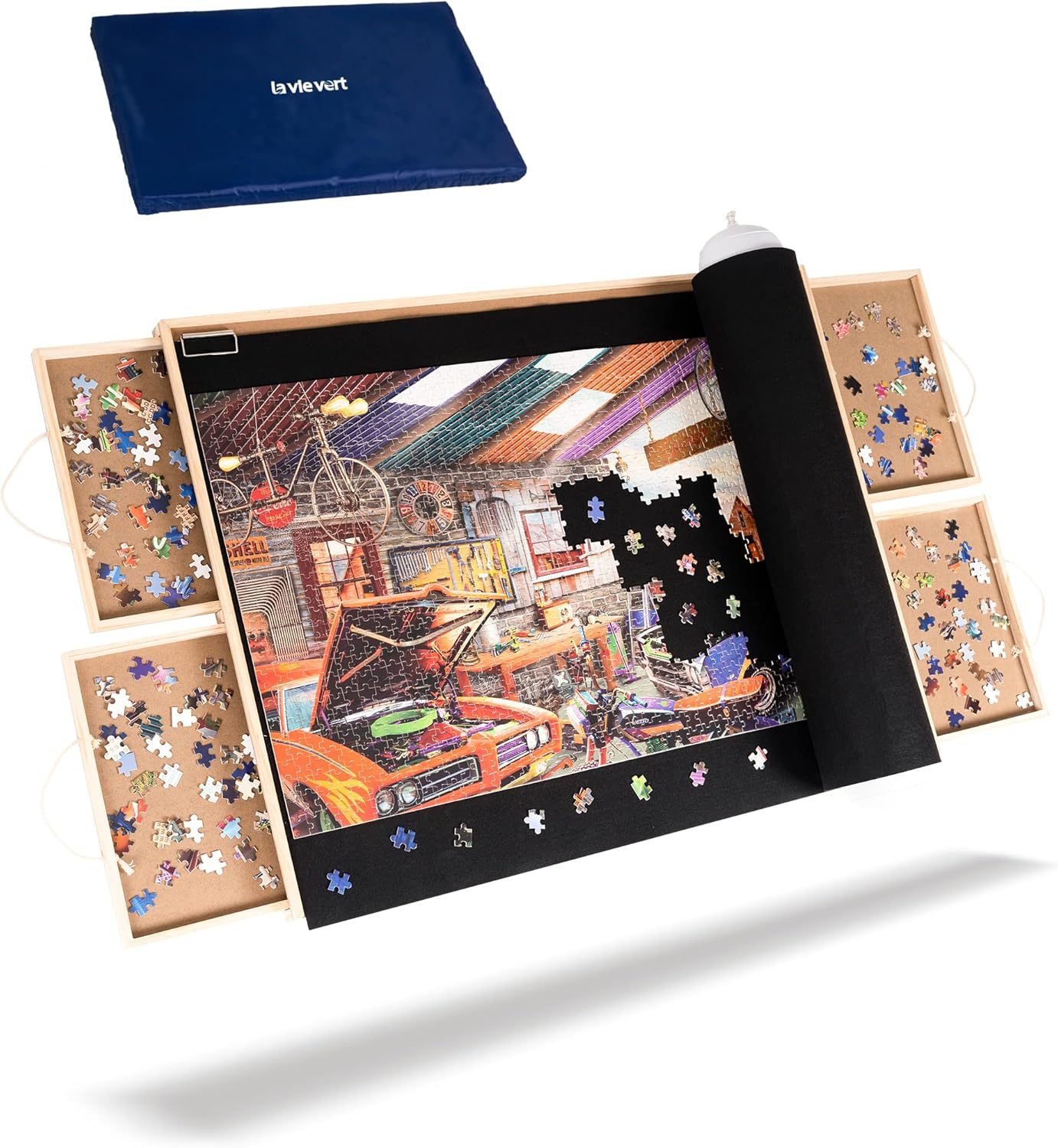 Lavievert Mesa de rompecabezas de 1500 piezas con 4 cajones y cubierta, mesa de rompecabezas de madera con juego de alfombrillas de rompecabezas y superficie lisa, tablero de rompecabezas portátil-Sofagethut