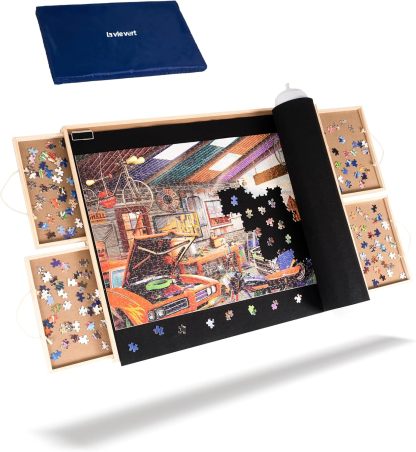 Lavievert Mesa de rompecabezas de 1500 piezas con 4 cajones y cubierta, mesa de rompecabezas de madera con juego de alfombrillas de rompecabezas y superficie lisa, tablero de rompecabezas portátil-Sofagethut