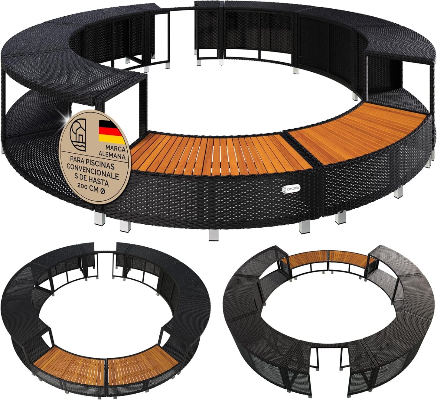 CASARIA Borde de Bañera Hidromasaje Soporte Piscina SPA Ø206cm Poliratán Madera FSC® Acero Exteriores-Sofagethut