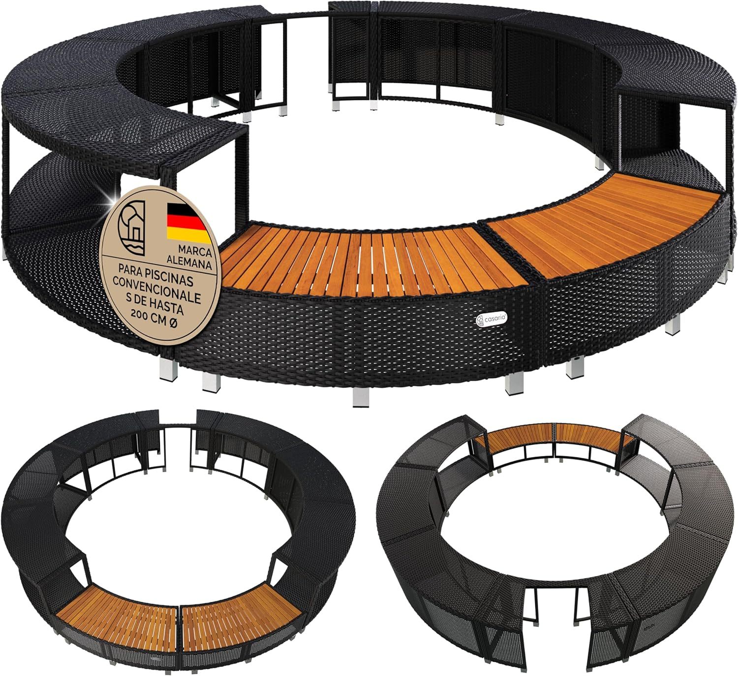 CASARIA Borde de Bañera Hidromasaje Soporte Piscina SPA Ø206cm Poliratán Madera FSC® Acero Exteriores-Sofagethut