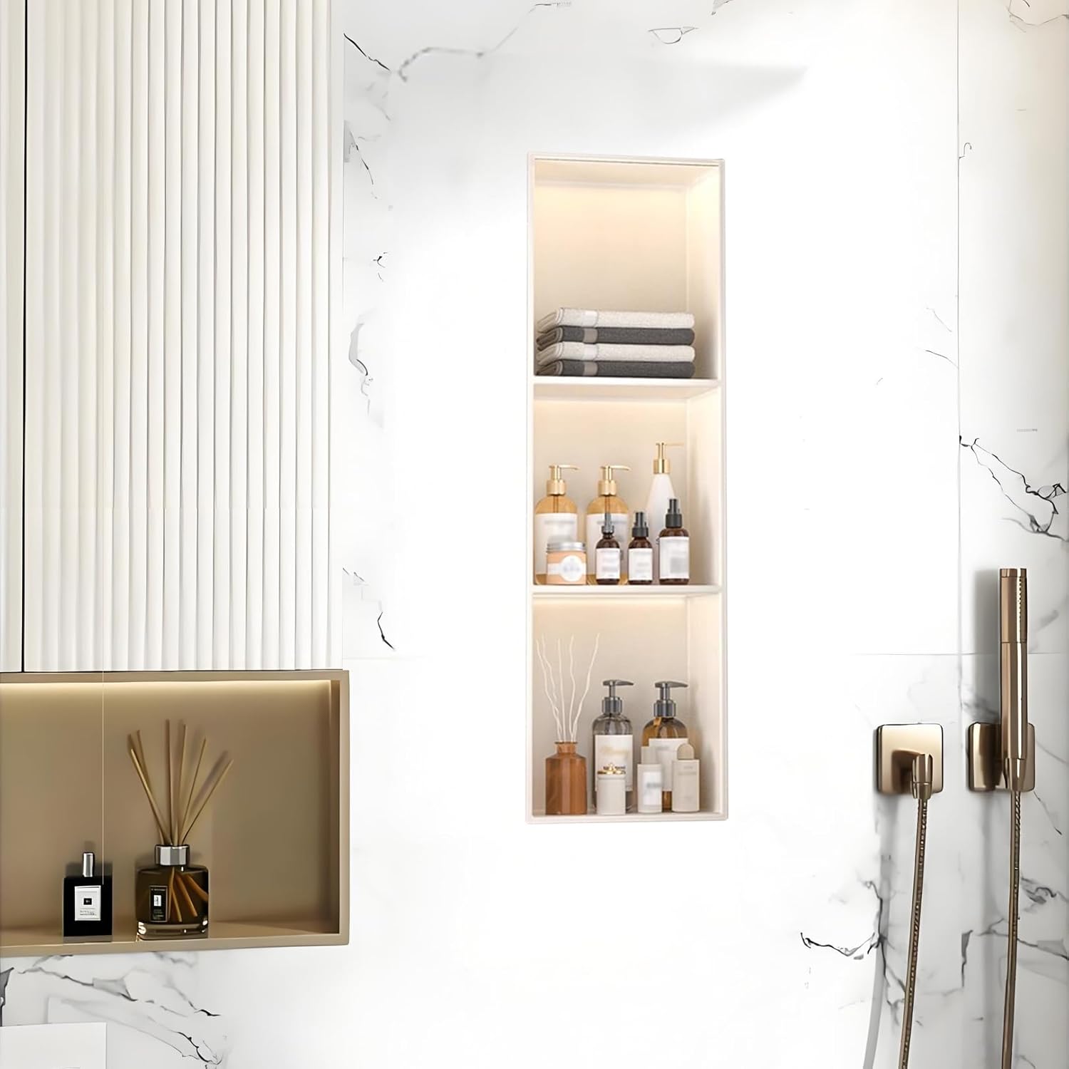 Nicho de Ducha de Acero Inoxidable con luz LED No se Necesitan Azulejos Estante de Pared Blanco Estante de Ducha Empotrado para Almacenamiento-Sofagethut