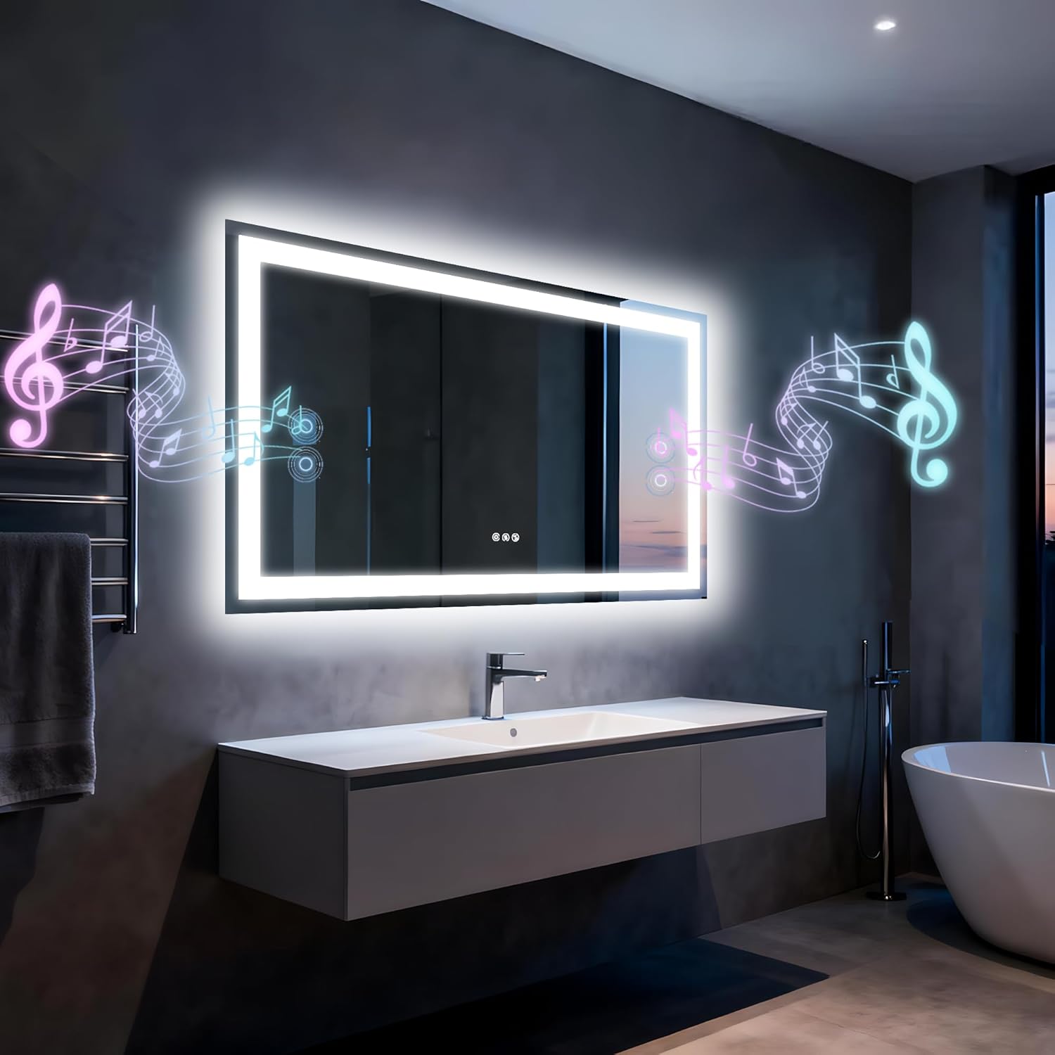 Espejo de baño LED con luces, altavoz dual Bluetooth 100x70 cm, antivaho, 3 temperaturas de color, brillo regulable, función de memoria, impermeable, diseño de montaje en pared, vidrio templado-Sofagethut