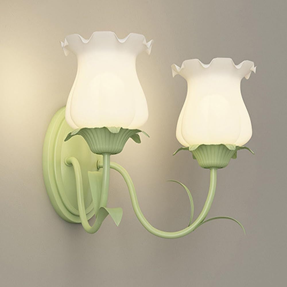 Aplique pared moderno con diseño floral, cuerpo metálico verde francés, lámpara pared decorativa for interiores, pantalla cristal en forma flor, for dormitorio(Lily,2-lights)-Sofagethut