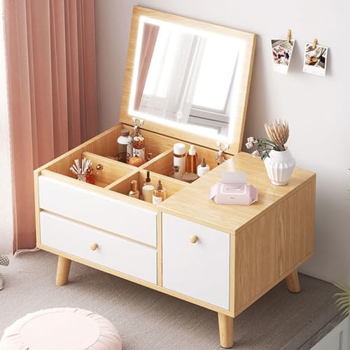 Mesa de tocador LED con espejo plegable, iluminación de 3 colores, cajones y gabinete, diseño compacto para niñas y mujeres, acabado de roble-Sofagethut