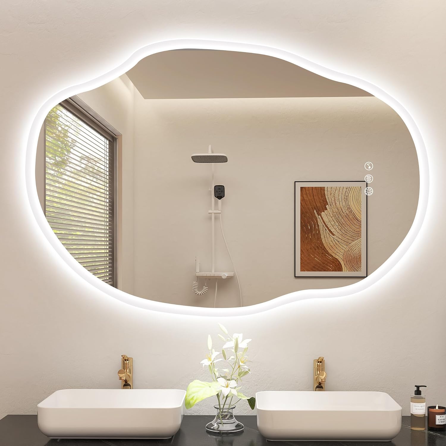 S'bagno Irregular Espejo Baño con Luz 70x100cm, Bluetooth Espejo Baño Led, Antivaho, 3000K-6500K, Regulable, Memoria, Cristal Templado HD, IP44, Horizontal o Vertical-Sofagethut