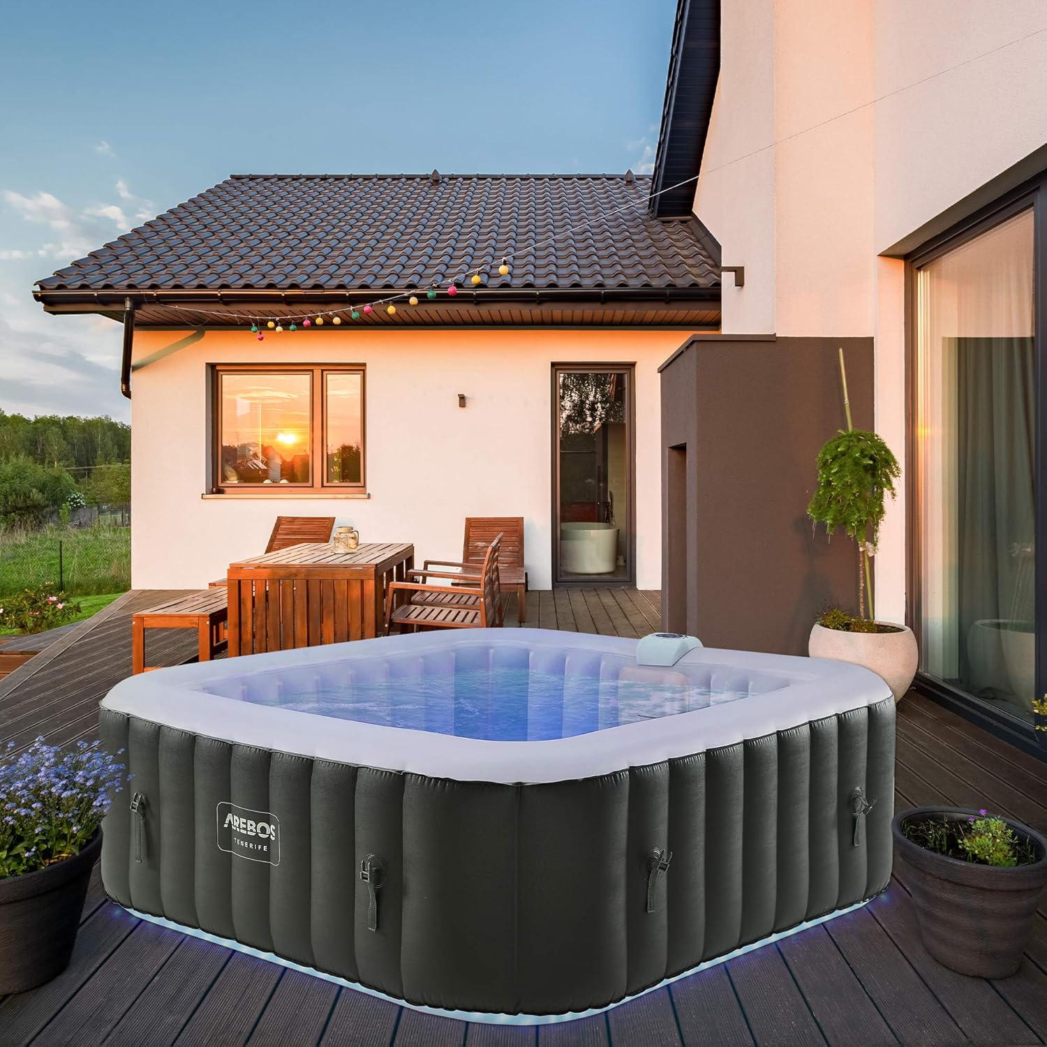 Arebos SPA Hinchable Whirlpool | Bañera de hidromasaje | 185x185cm | para 6 Personas | Banda Luminosa LED | 130 chorros de Masaje | 910 litros | Incluye Cubierta | Masaje de Burbujas y Bienestar-Sofagethut