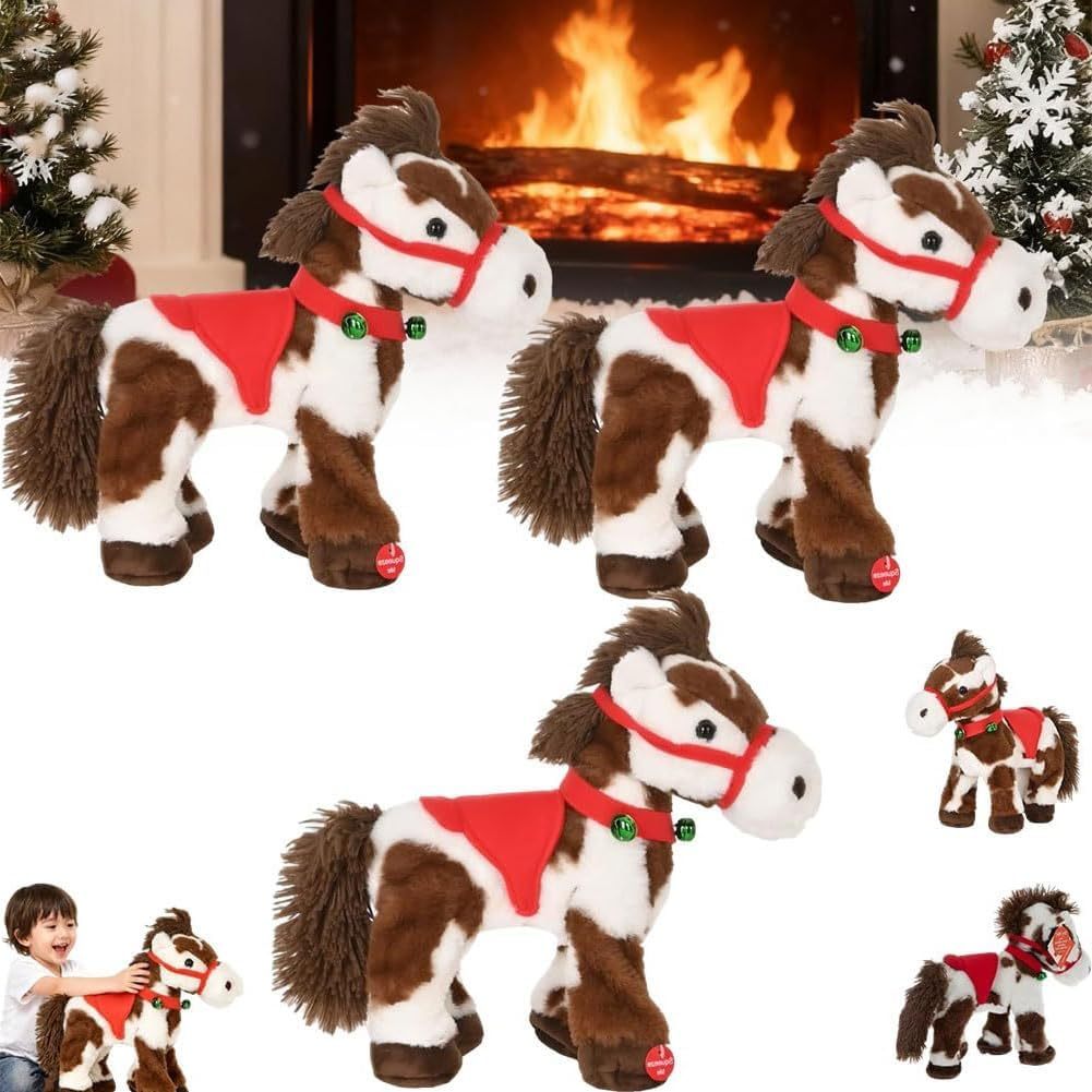 Caballo de Peluche eléctrico Manchado, Pony Interactivo para Caminar con Sonido y Cola de Cabeza Que se Mueve, Silla roja, Campana Verde, Juguete de Peluche Suave para Regalos de cumpleaños 3 Pieces-Sofagethut