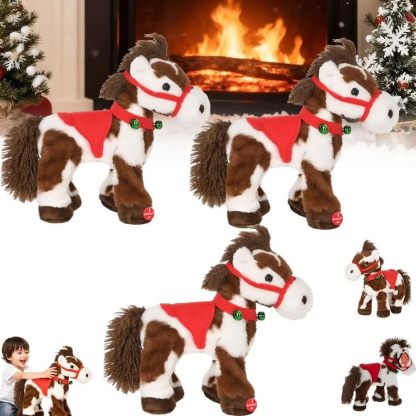 Caballo de Peluche eléctrico Manchado, Pony Interactivo para Caminar con Sonido y Cola de Cabeza Que se Mueve, Silla roja, Campana Verde, Juguete de Peluche Suave para Regalos de cumpleaños 3 Pieces-Sofagethut