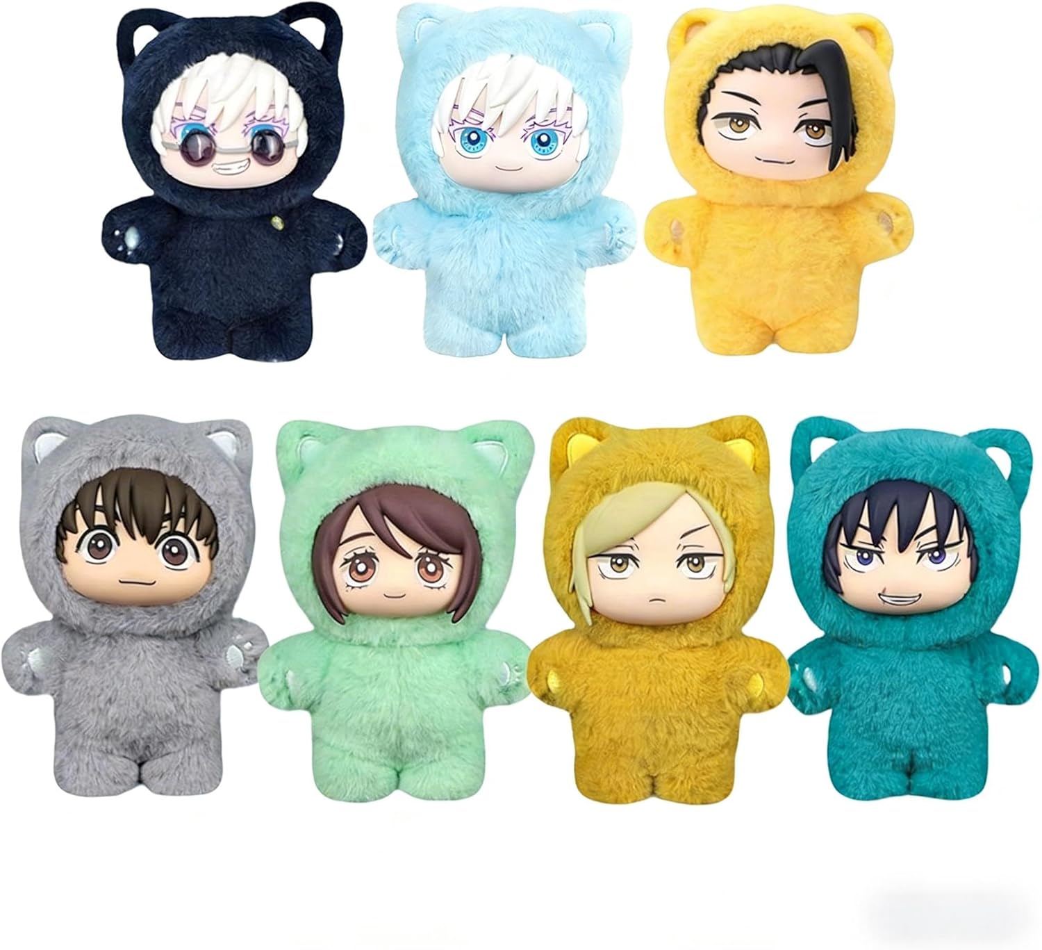 Zhongkaihua 7 piezas JJK Peluche Gojo Satoru y Geto Suguru Figura Toji/Nanami Cat Pijamas Estilo 14CM Anime Figurita Lindo Colgantes Coleccionables Decoraciones Regalos Adornos-Sofagethut