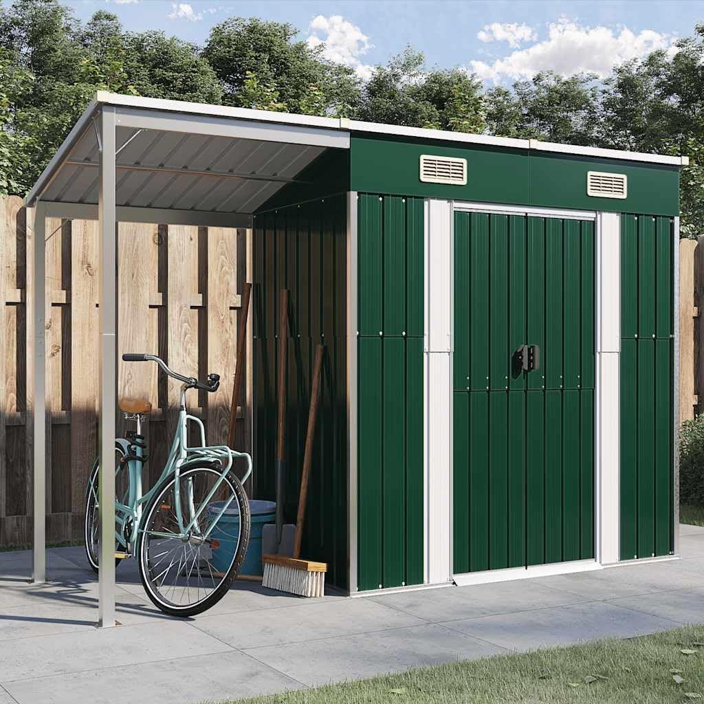 Caseta de jardín con Techo Inclinado, Verde, 277x107x181 cm, Acero, caseta para Herramientas, caseta con Techo Extensible, Refugio de Madera Exterior para leña y Herramientas de jardín.-Sofagethut