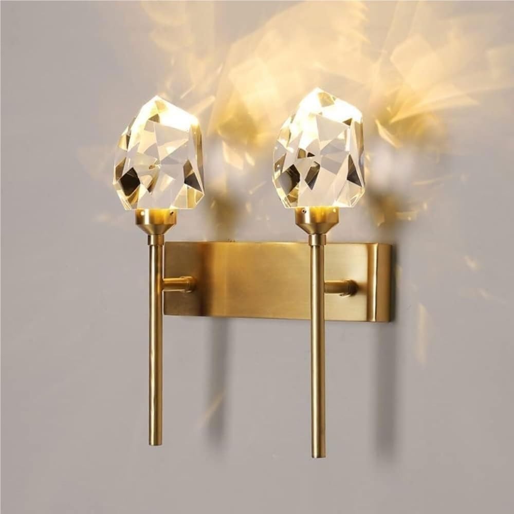 Aplique pared cristal tallado moderno nórdico con cableado dorado, lámpara regulable 3 colores, for decoración interiores, accesorio iluminación(2lights)-Sofagethut