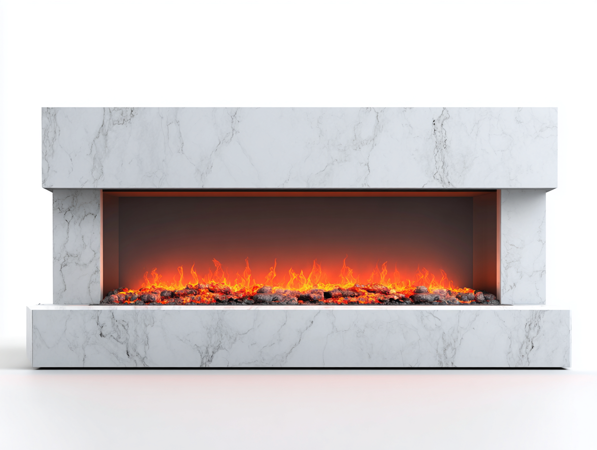 Cheminée électrique encastrable effet flammes 160x40x55 cm - blanc marbré - ambiance intérieure design contemporain-Homimylab