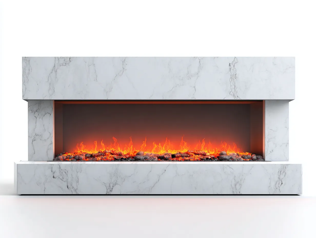 Cheminée électrique encastrable effet flammes 160x40x55 cm - blanc marbré - ambiance intérieure design contemporain-Homimylab