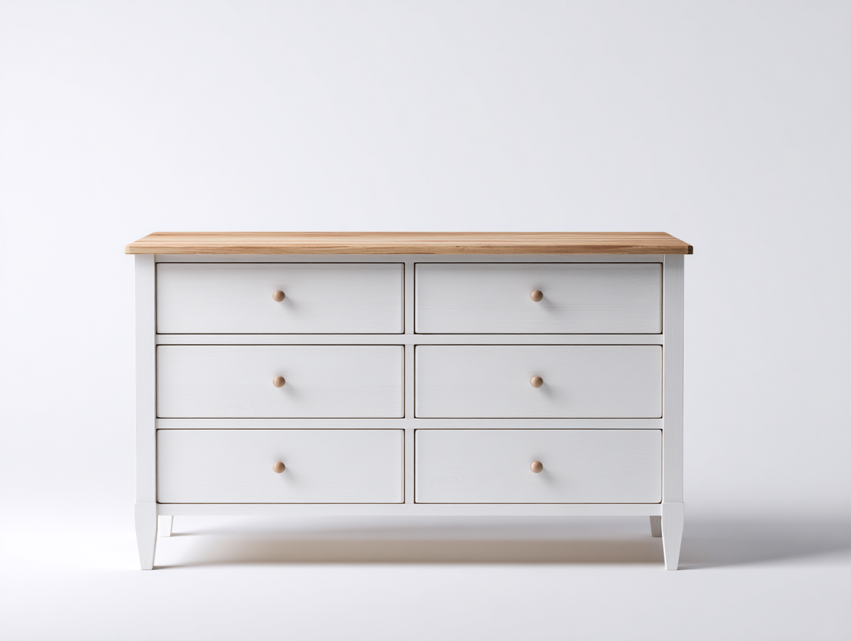 Commode 6 tiroirs bois et panneaux 120x40x75 cm - blanc et bois naturel - rangement chambre style moderne-Homimylab