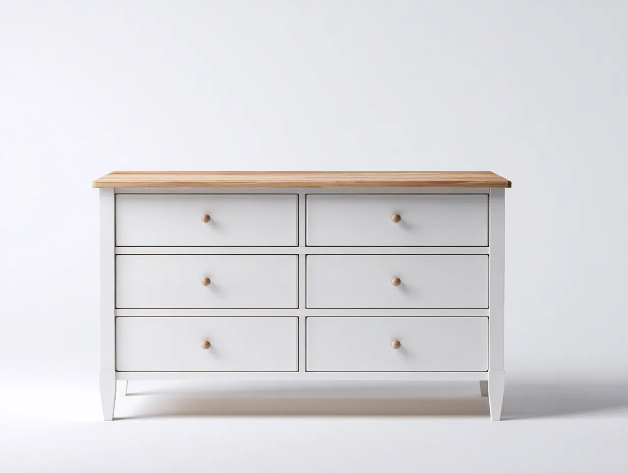 Commode 6 tiroirs bois et panneaux 120x40x75 cm - blanc et bois naturel - rangement chambre style moderne-Homimylab