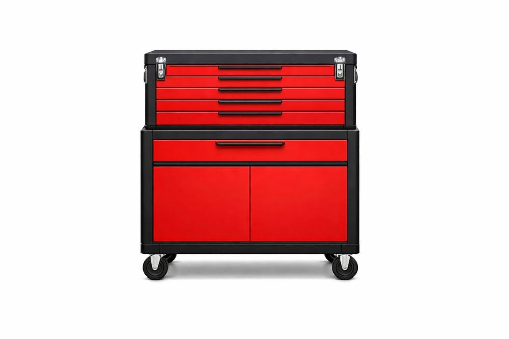 Chariot d'atelier en acier rouge avec tiroirs et roues