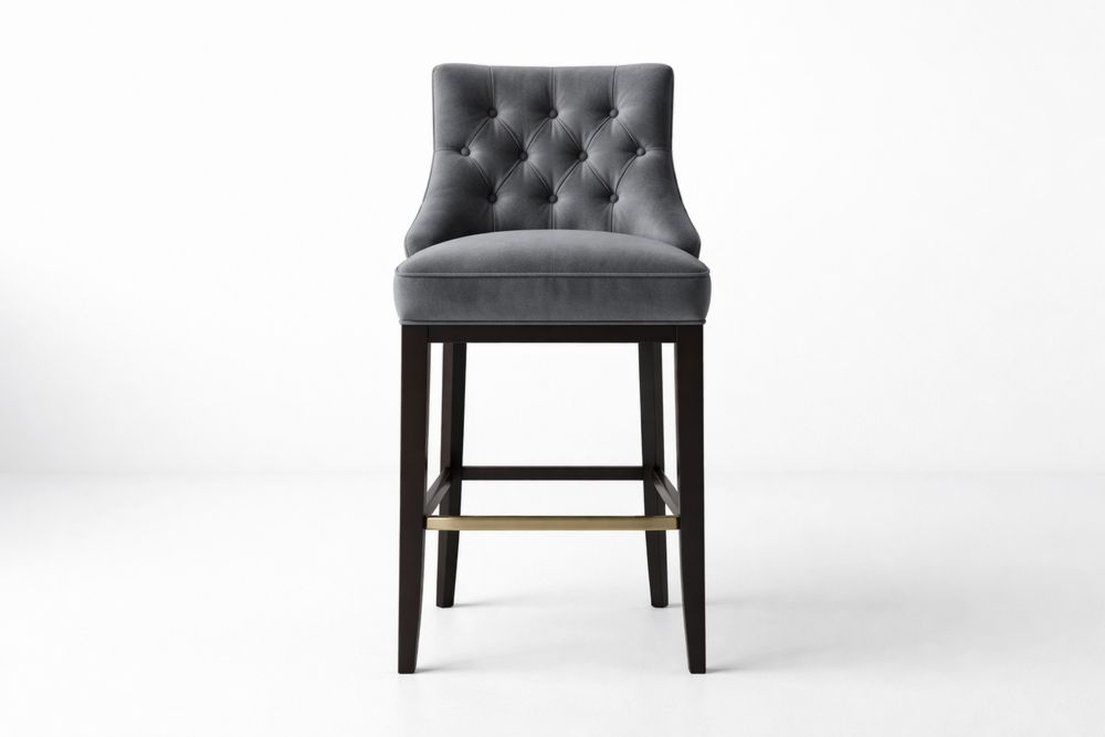 Tabouret de Bar en Velours Gris avec Structure en Bois massif