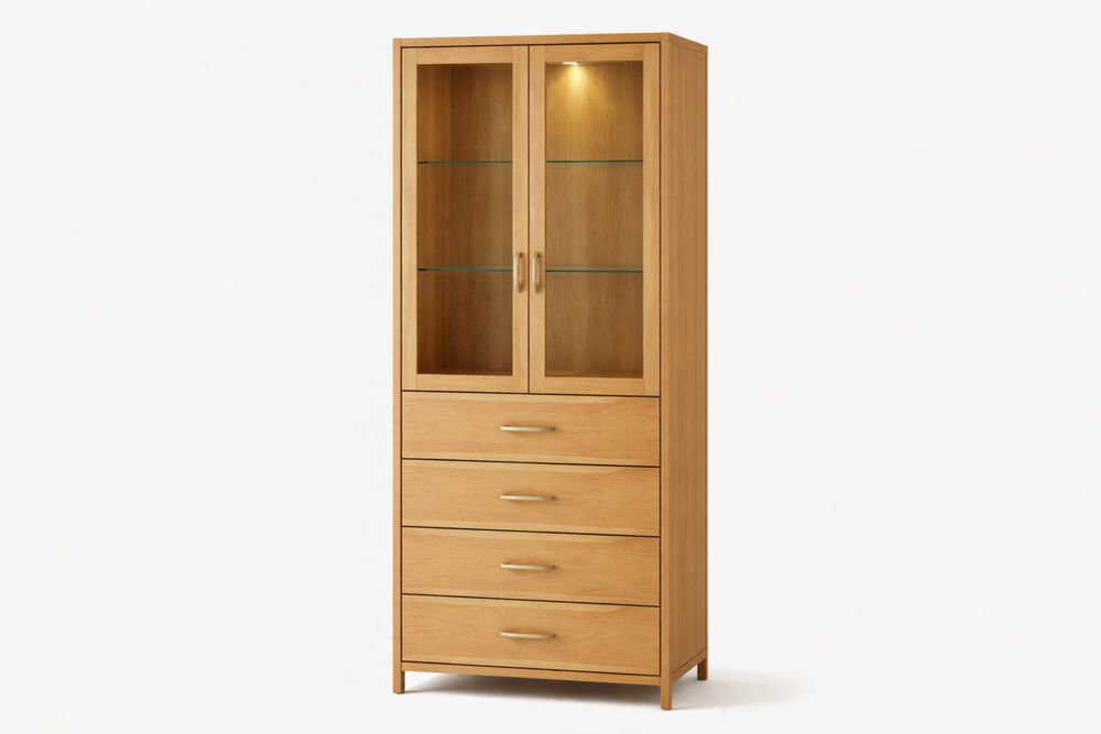 Vitrine en bois massif avec portes vitrées et tiroirs 200cm x 90cm x 40cm