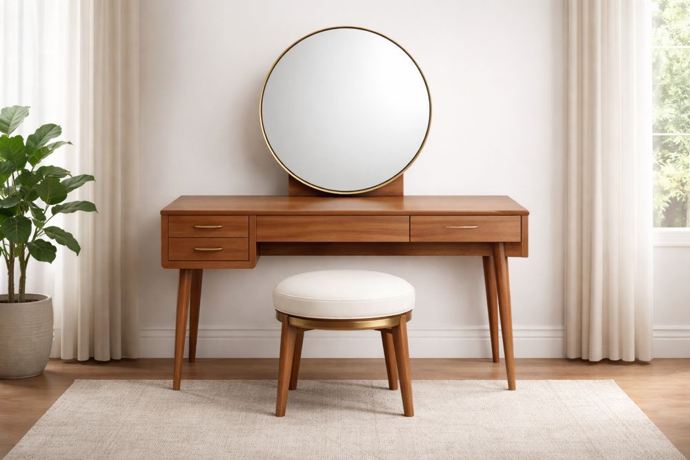 Table de Maquillage en bois massif avec Miroir Rond et Tabouret