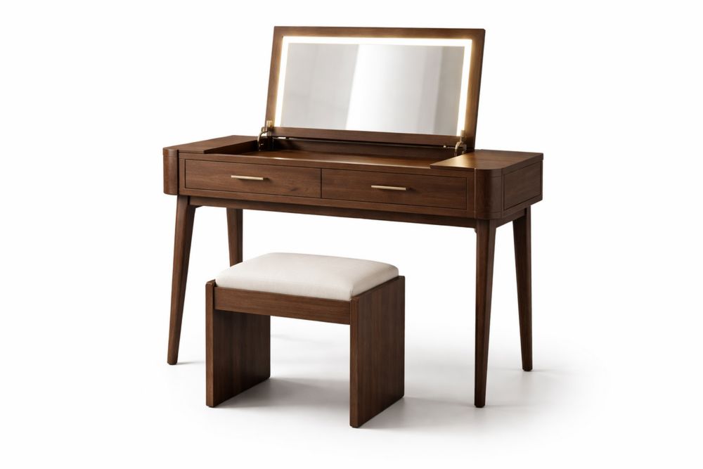 Coiffeuse en bois massif avec miroir et tabouret rembourré