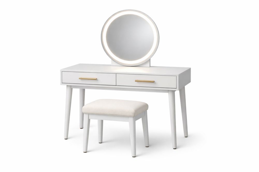 Coiffeuse en bois massif avec miroir LED et tabouret Blanc