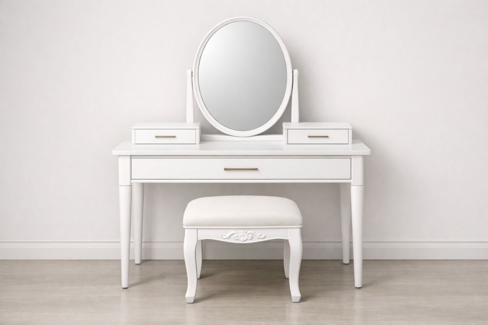 Coiffeuse en MDF avec Miroir Ovale et Tabouret Blanc