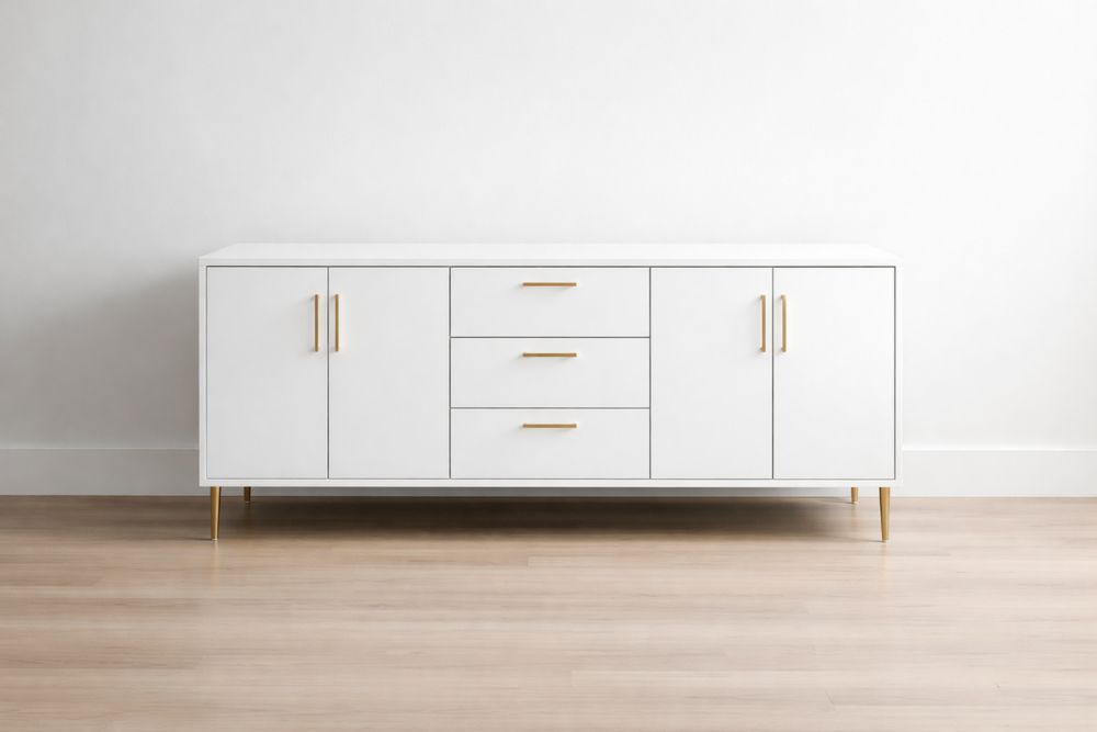 Buffet en MDF avec pieds en aluminium doré, blanc